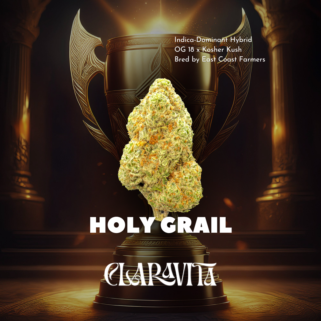 Holy Grail cannabis strain with dense, crystal-coated buds and calming aroma, available at CNA Stores.