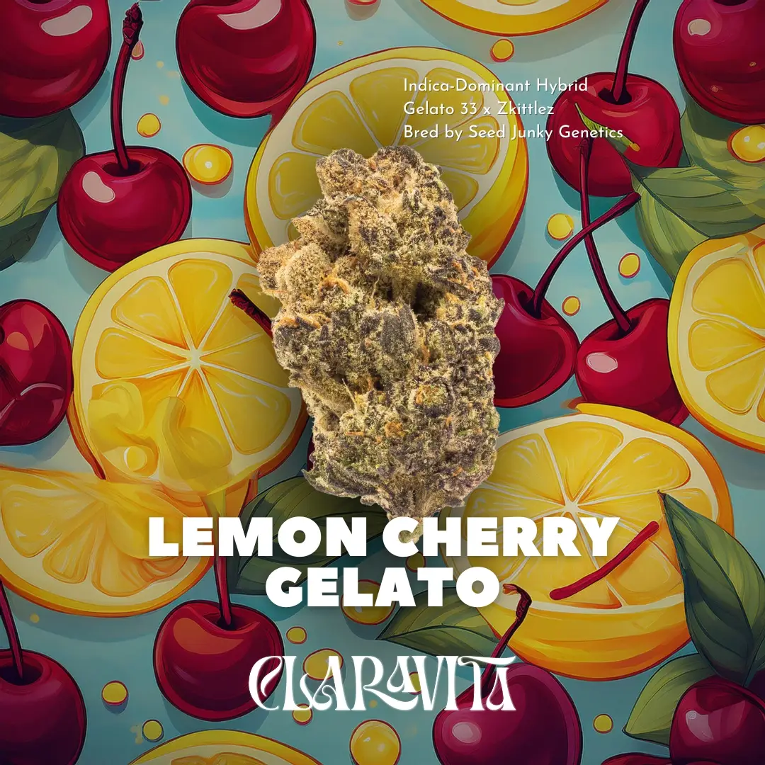 Lemon Cherry Gelato cannabis strain with colorful buds, sweet citrus aroma, and relaxing effects from CNA Stores.