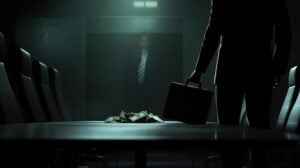 Shadowy figures exchange a money briefcase in a dark boardroom, symbolizing the 2026 cannabis repeal agenda.